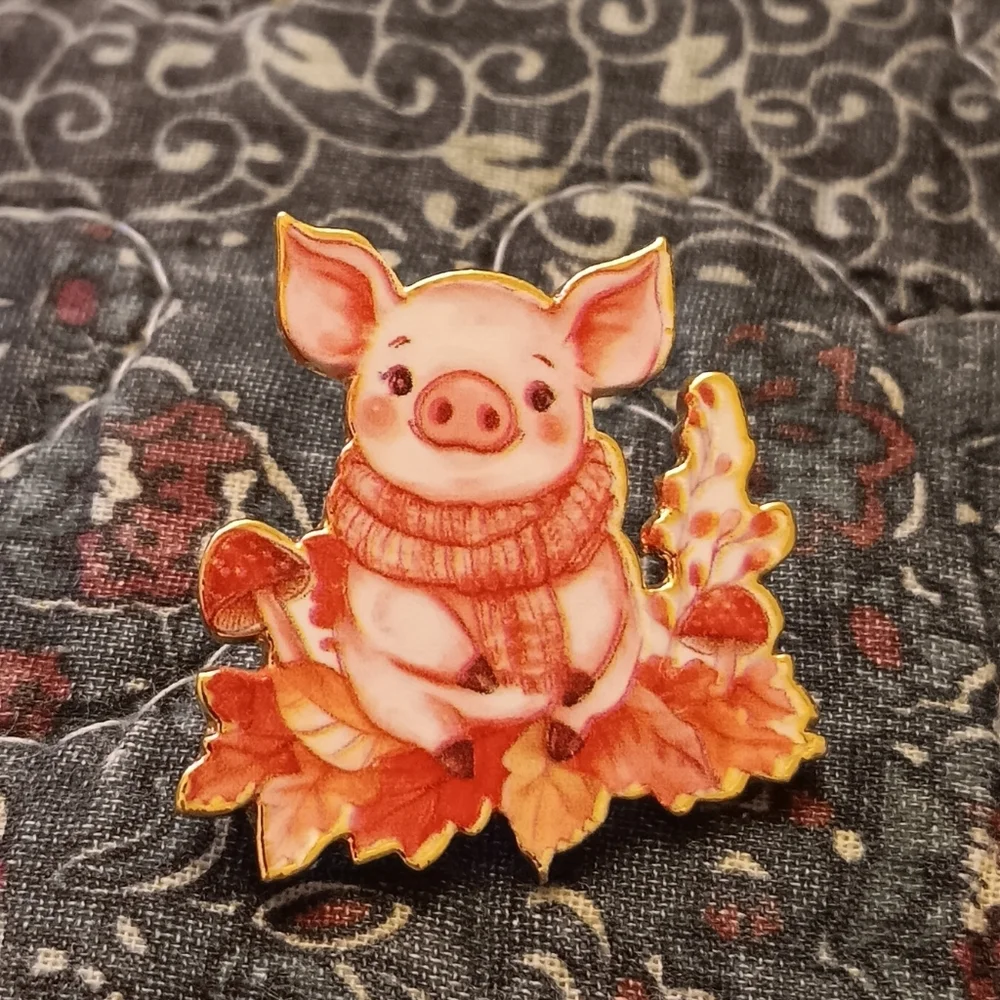 Cozy Little Fall Piglet Pin, Autumn Woodland Cottagecore Farm Country Pig Brooch - Picture 2 of 5